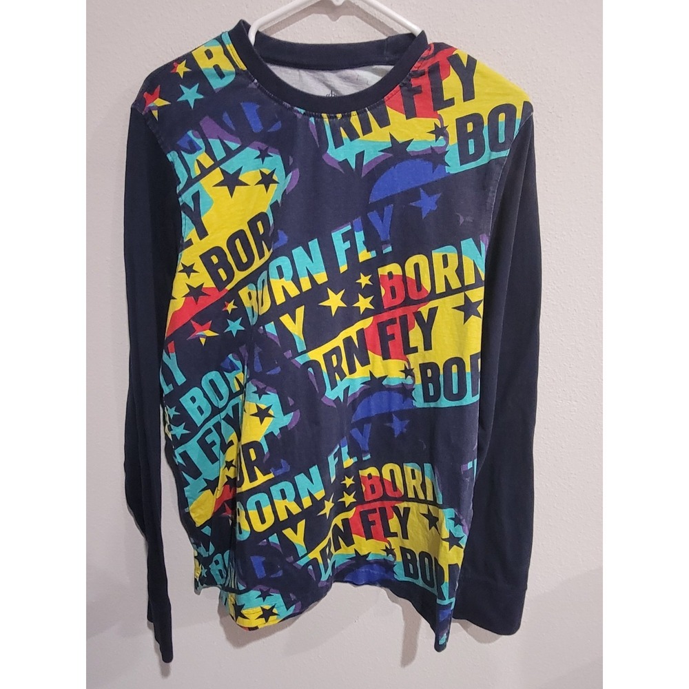 Born Fly Graphic All Over Logo Print Long Sleeve T-shirt Multicolor Urban Sz L‎